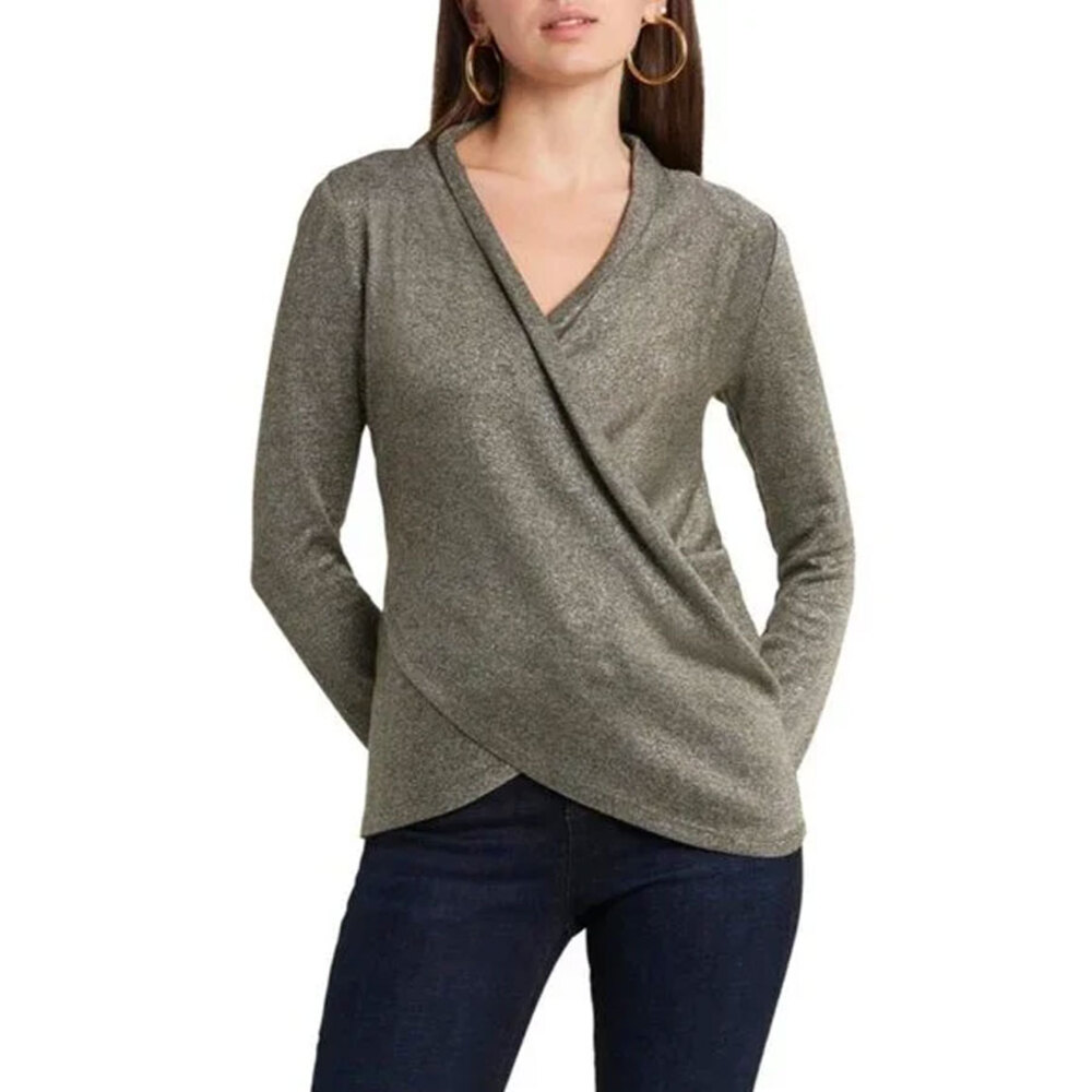 1.State Cozy Sparkle Surplice Crisscross Metallic Green Top Small Holiday Party